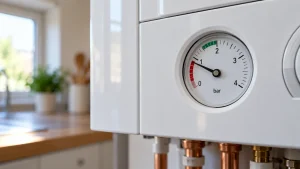 Bottom of a wall mounted boiler with just the pressure gauge showing in a kitchen