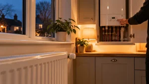 White wall-mounted boiler in a kitchen cupboard in the evening, with a hand reaching towards its control panel