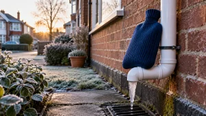 Frozen white condensate pipe on the brick side wall of a south London house, with a hot water bottle resting on it