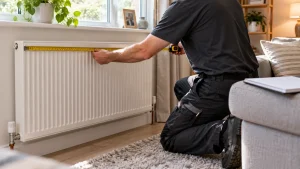 Engineer measuring radiators so he can provide the right size boiler