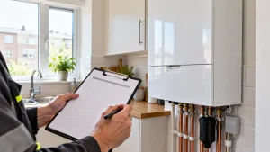 Engineer standing in front of a wall mounted boiler writing on a clipboard in a kitchen.