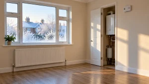Empty rental flat living room in winter with a radiator under a frosty window and a carbon monoxide alarm on the wall
