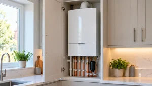 wall mounted boiler installed inside a cupboard