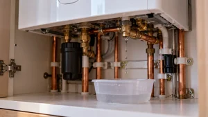Water droplets hanging from a pipe joint under a white combi boiler, with a bowl below catching drips