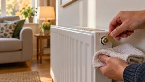 Hand holding a brass radiator key at the bleed valve of a white panel radiator, with a folded cloth beneath