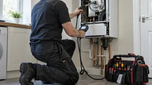 engineer servicing a wall mounted boiler