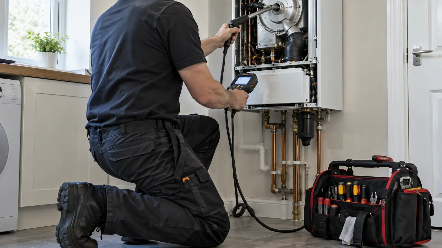 engineer servicing a wall mounted boiler